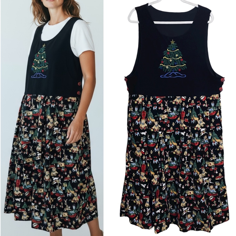 Vintage‎ Christmas Tree Holiday Corduroy Mitten Button Toys Pocket Dress Large